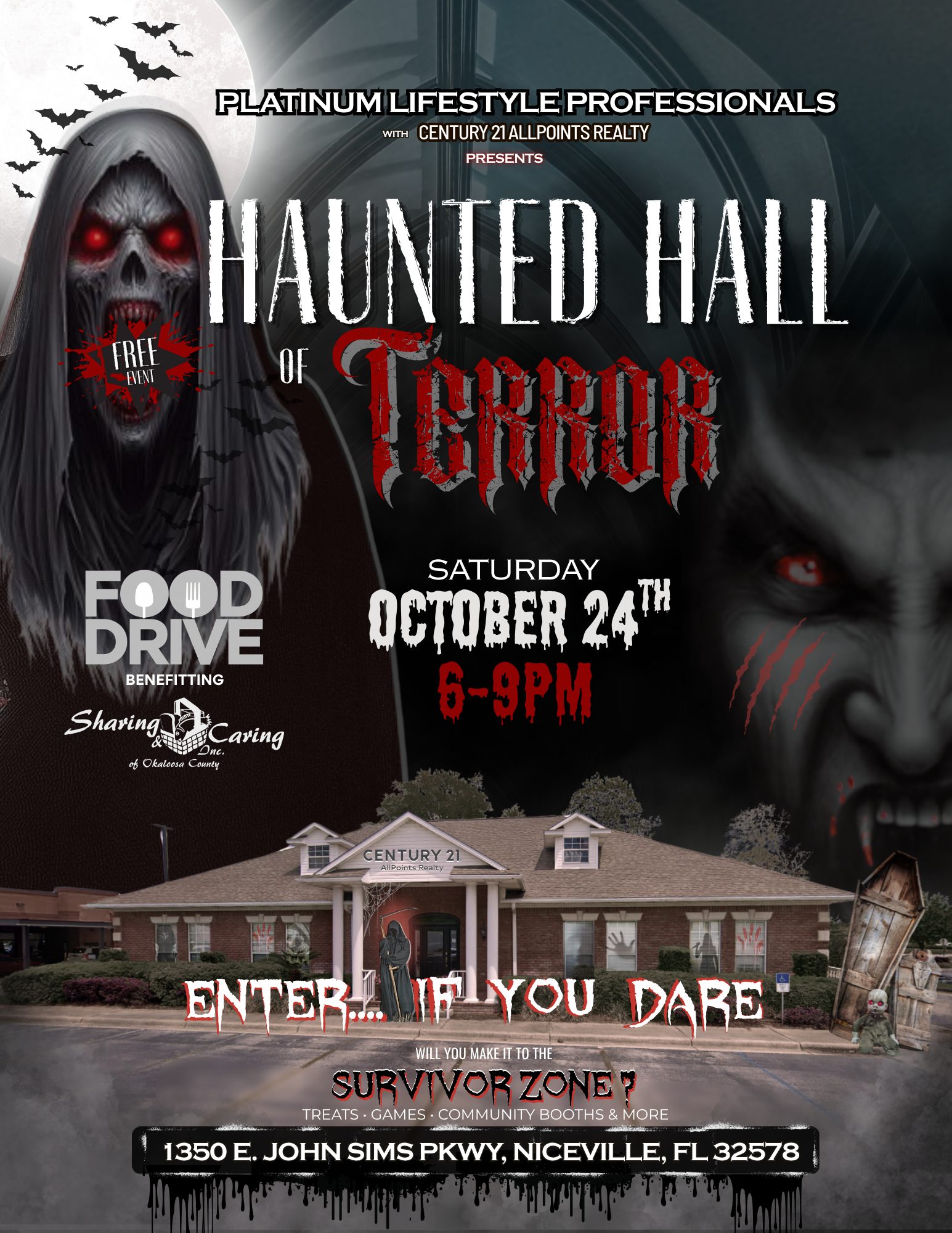 Haunted Hall of Terror 2026 Halloween event in Niceville, Florida, October 24 from 6–9 PM, benefiting Sharing & Caring of Niceville.