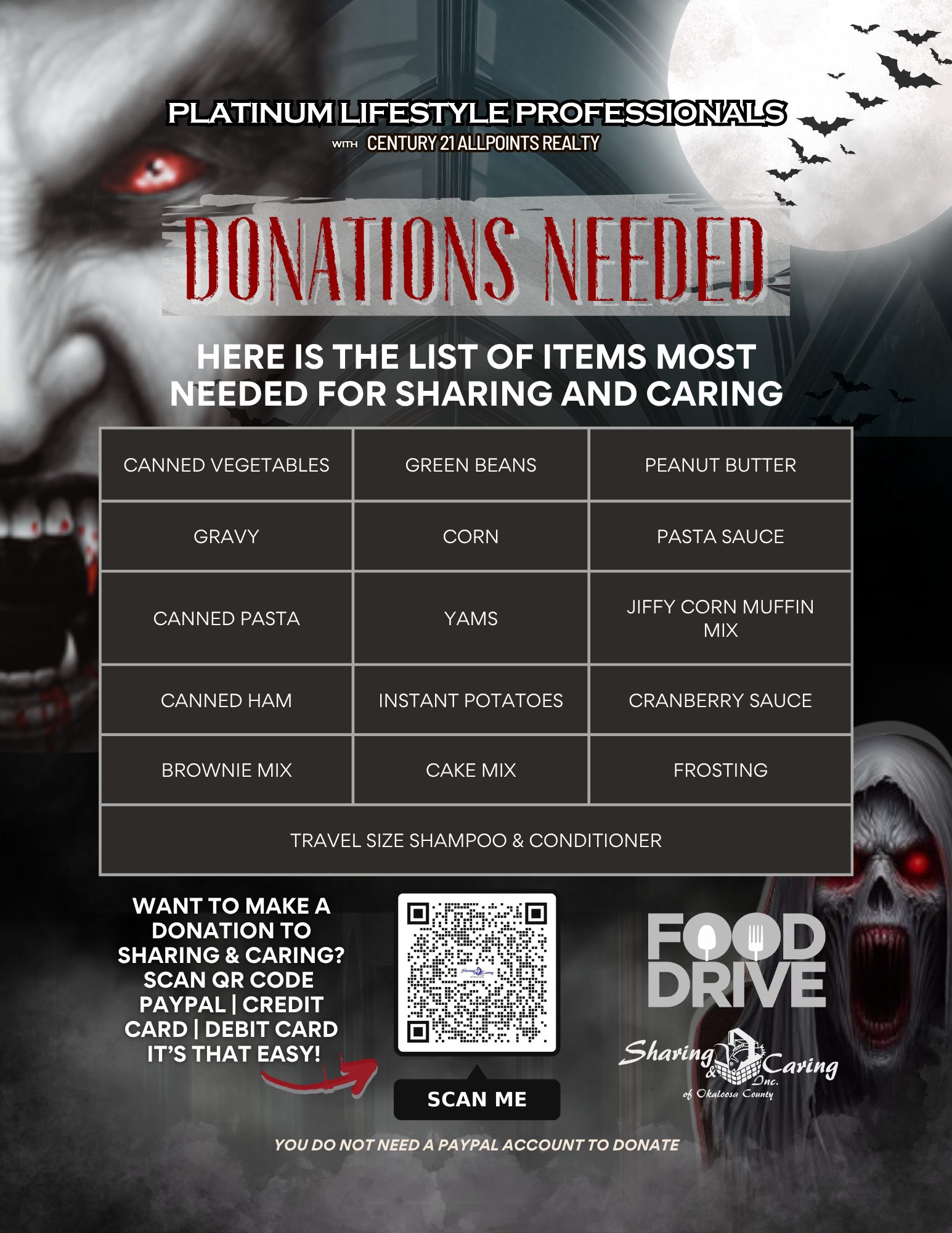 Sharing & Caring of Niceville donation needs for Haunted Hall of Terror 2026, including requested food and personal care items and donation QR code.