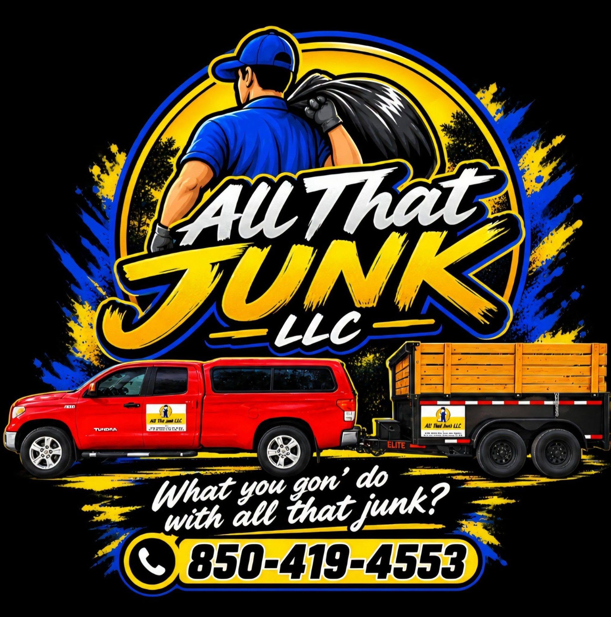 All That Junk LLC logo, Survivor Zone vendor at Haunted Hall of Terror 2026. Logo featuring a uniformed worker holding a large trash bag with a branded red pickup and trailer, representing local junk removal and hauling services in Niceville.