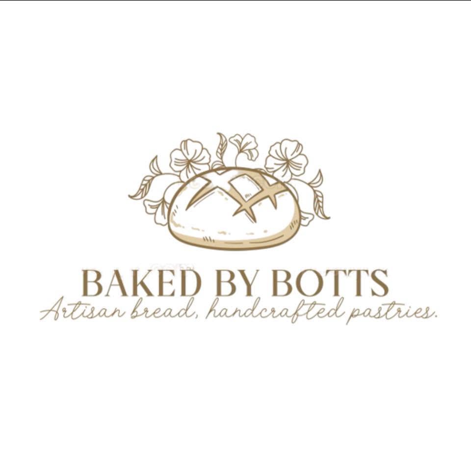 Baked By Botts logo, Survivor Zone vendor at Haunted Hall of Terror 2026. Logo features an illustrated artisan bread loaf with floral accents and text highlighting handcrafted pastries from a family-owned Niceville business.