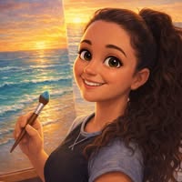 Kayla's Creations Facebook profile image featuring a cartoon-style artist holding a paintbrush in front of an ocean sunset.