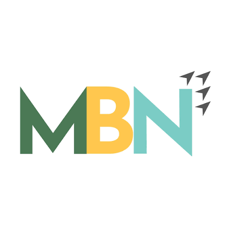 Mid Bay News logo, local community media sponsor of Haunted Hall of Terror 2026. Logo features bold, modern lettering in green, yellow, and blue with upward‑pointing arrow accents, representing community-focused reporting.