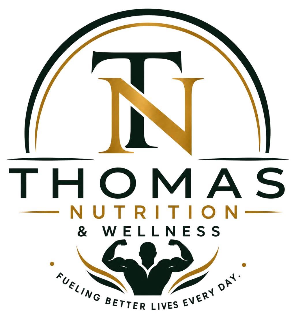 Thomas Nutrition & Wellness logo featuring a green and gold TN monogram, business name, and flexing figure with the tagline Fueling Better Lives Every Day.