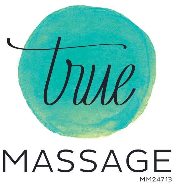 True Massage logo, Survivor Zone vendor at Haunted Hall of Terror 2026. Logo consists of a turquoise watercolor circle and elegant script, symbolizing customized massage therapy focused on relieving pain and muscle tension for Niceville clients.