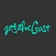 Turquoise handwritten-style “get the Coast” logo on a dark background, designed with a casual, coastal-inspired brushstroke aesthetic.